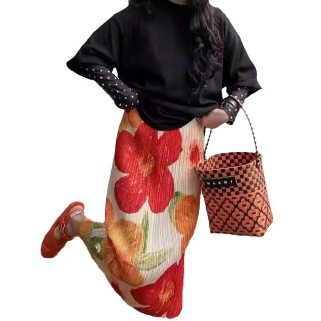 

Miyake High Waist Pleated Skirt Large Flower Print Mid-Length Summer Design Women's Fashion Outerwear