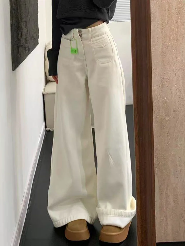 

Women's Fleece Lined Thick Straight Leg Jeans Winter plus Size Loose Slimming Small Frame Wide Leg Floor Length Pants