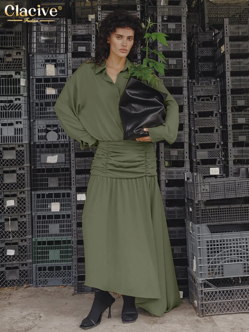 

Clacive Fashion Loose Green Women's Dress 2026 Casual Lapel Long Sleeve Ankle Length Dresses Elegant Classic Solid Female Dress