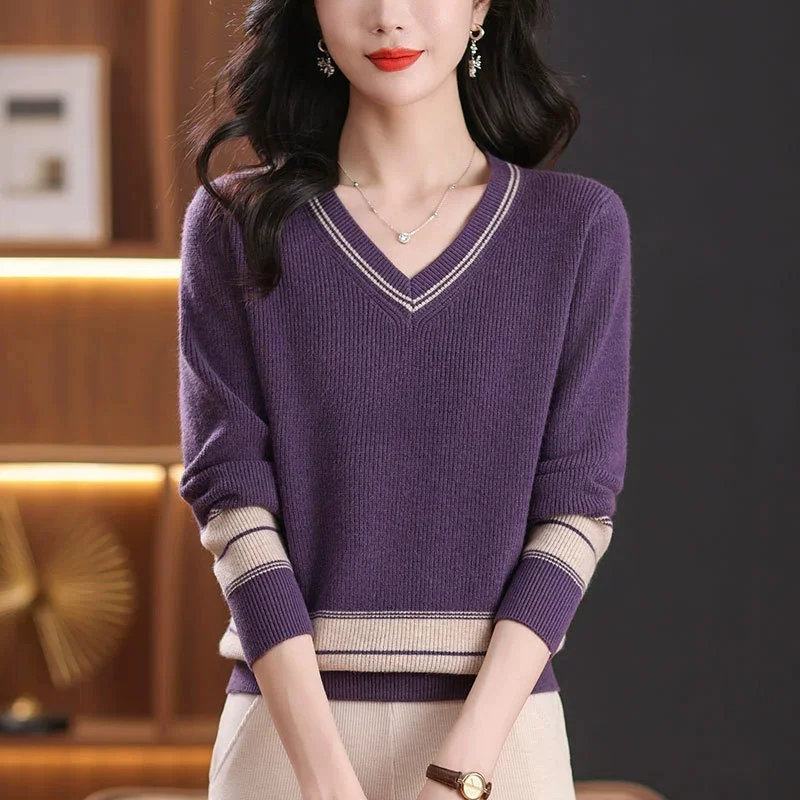 

Spring Autumn V-neck Sweater Female New Short Pullover with Loose Sweater Casual All-Match Long-sleeved Bottoming Shirt Female