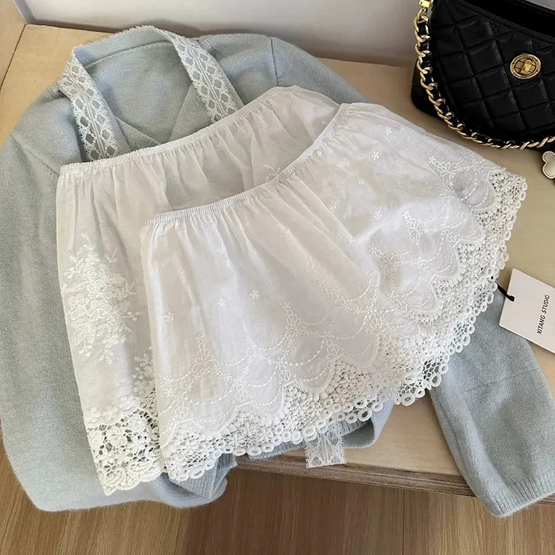 White Lace Patchwork Skirts Women Summer Fashion Chic Elastic Waist Skirt Korean Pleated All Match Female Skirts Y2K