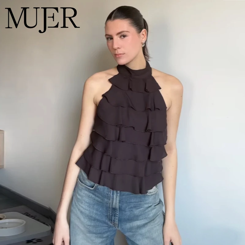 MUJER Rüschen-Neckholder-Top für Damen, schulterfrei, rückenfrei, für den Sommer, ärmellose Oberteile, sexy Camisole, Crop-Top für Damen