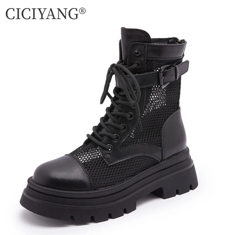 CICIYANG Summer Boots Women Genuine Leather Mesh Cool Boots Chunky Platform British Style Belt Buckle Roman Sandals for Ladies