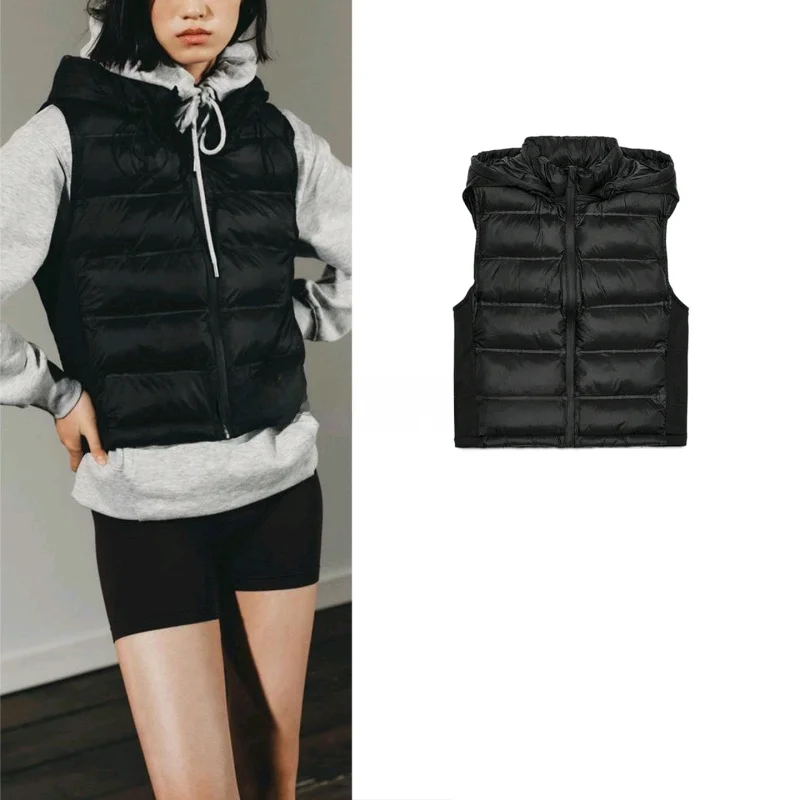 

Новый осенний женский дизайнерский хлопковый жилет с высоким воротником и капюшоном контрастного цвета для поездок на работу, цвет застежки-молния...