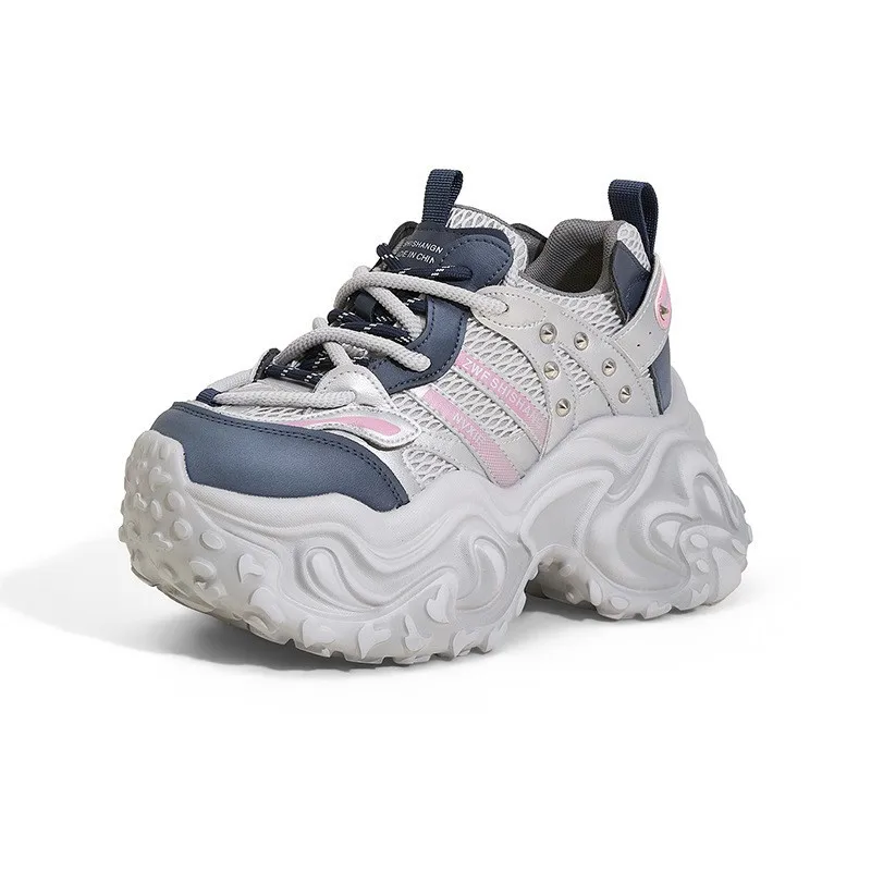 Nouvelles baskets épaisses pour femmes, automne, en maille respirante, chaussures décontractées de style "dad shoes", rétro, en cuir vieilli, chaussures de marche, Zapatillas De Mujer 9CM