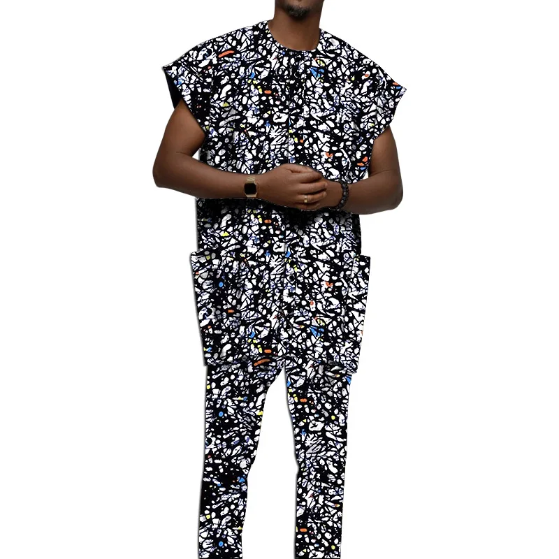 Original Design African Clothes Men\'s Set Jerkin Tops With Pant Nigerian Fashion Wax Print Custom Size Wedding Party Wear