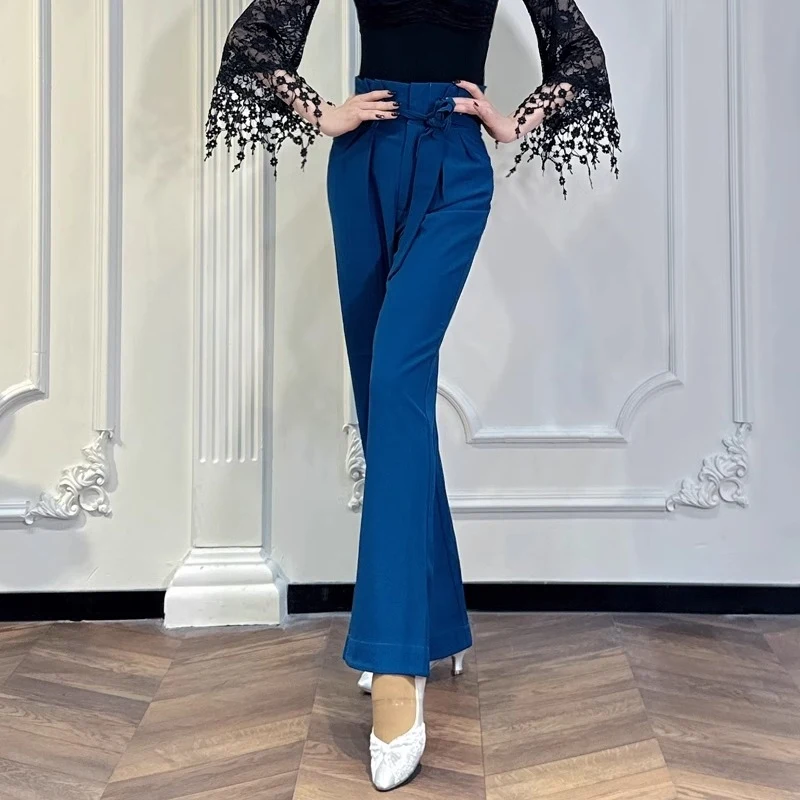 2025 Nuovi costumi di danza latina Pantaloni da pratica Pantaloni da ballo standard nazionali Pantaloni a vita alta blu Chacha Tango Samba Dance DQL10388