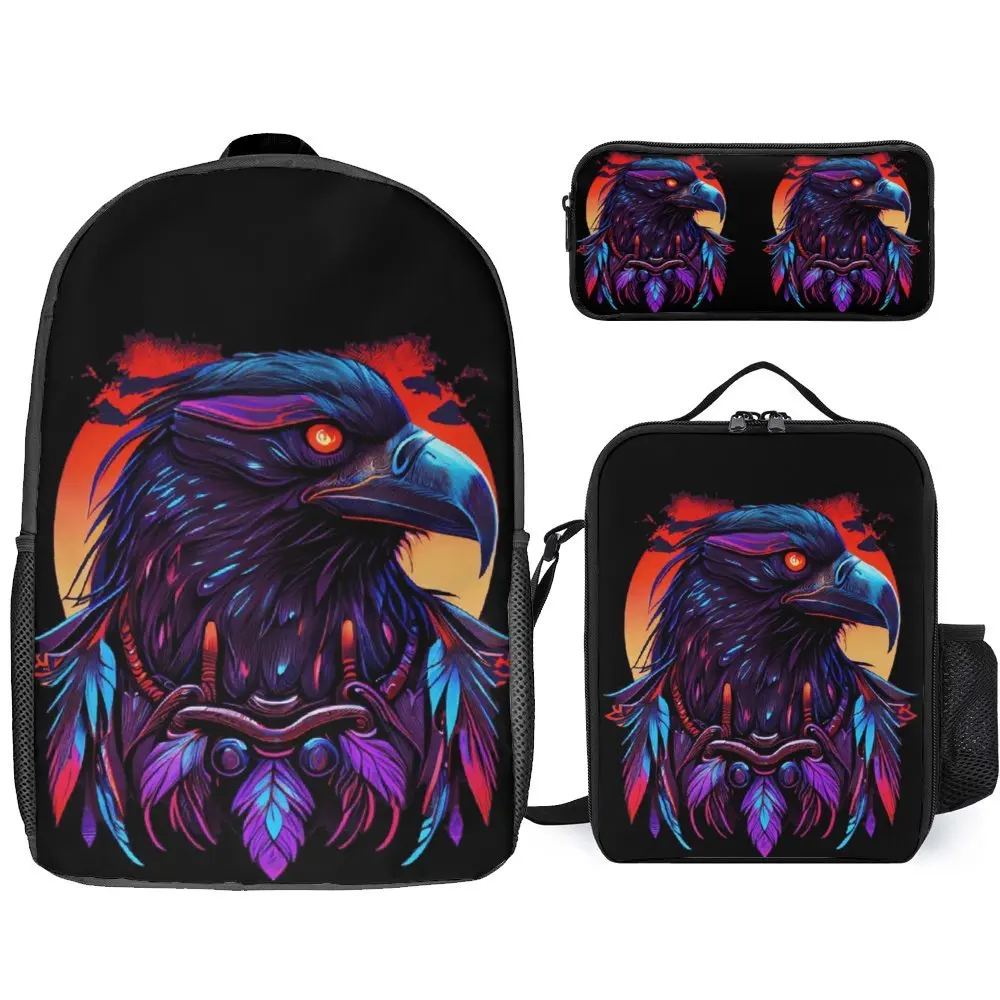 

3 in 1 Set 17 Inch Backpack Lunch Bag Pen Bag Synthwave Raven Skull Demon Slayer 11 Durable Funny Cosy Schools Lunch Tote