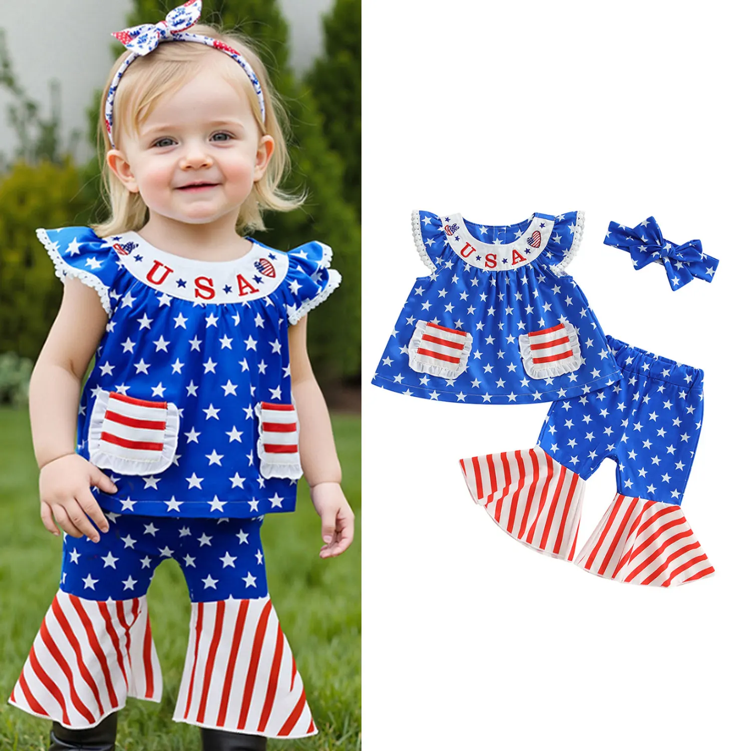 

2025 Summer New Toddler Baby Girl 4th of July Outfits Fashion Kids Girl Sleeveless Tops Flare Pants Headband Set Toddler Clothes