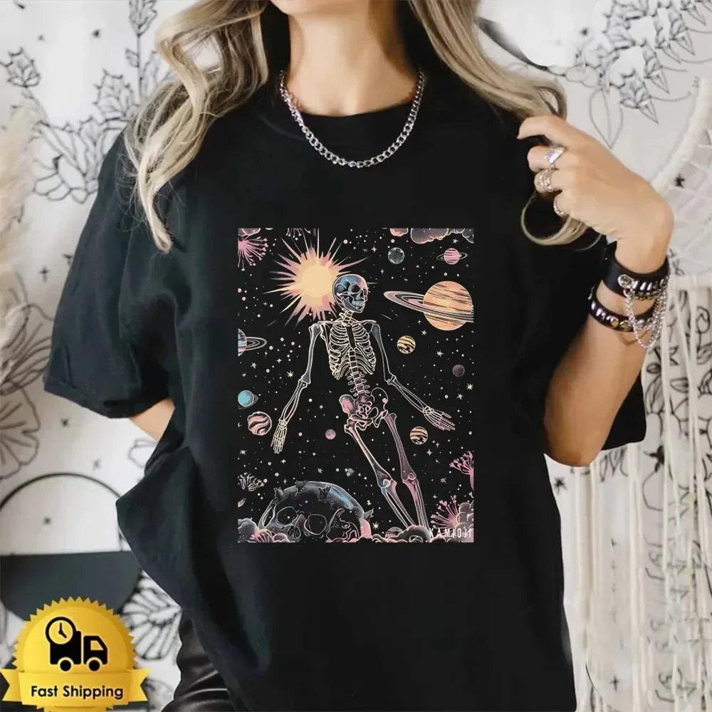 Summer Round Neck Street Versatile Celestial Skeleton Shirt Stars&Planets Pastel Goth Tshirt Gothic Clothes Fun Short Sleeves.