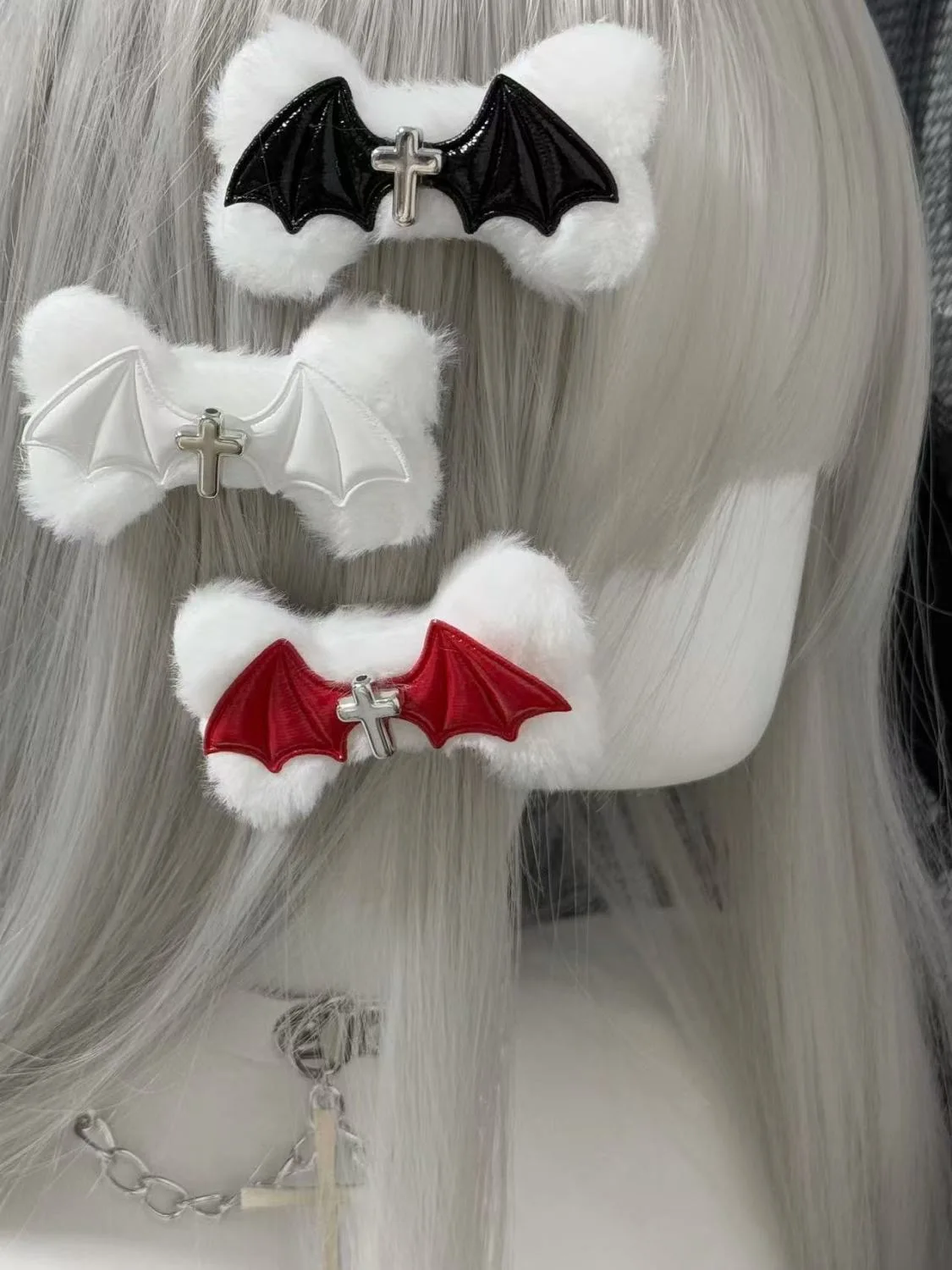 Cute Original Harajuku Gothic Devil Cross Bone Wings Hairpin Girl Sweet Sister Plush Subculture Lolita Y2K Hair Accessories