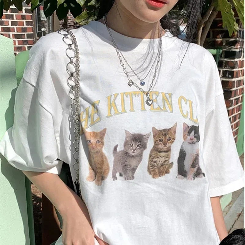 

Kawaii Women T Shirt The Kitten Club White Short Sleeve T Shirt Cute Grunge Femme Tops Y2k Egirl Oversized Tee Streetwear