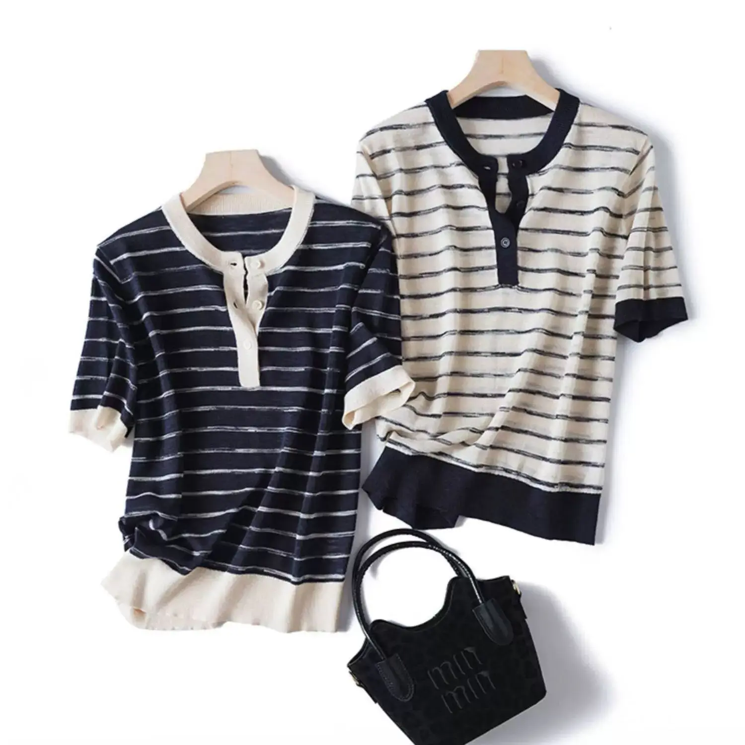 Dave&di Striped Tencel Linen Breathable Cool Ultra Thin Short Sleeve Knitted Top For Women's Summer