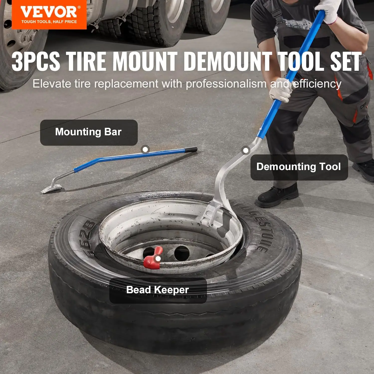 Heavy Duty Tyre Lever, 571-622 mm, Steel Tyre Removal Bar Assembly Manual Disassembly, 3 Tyre Change Tools, Heel Lift and Heel