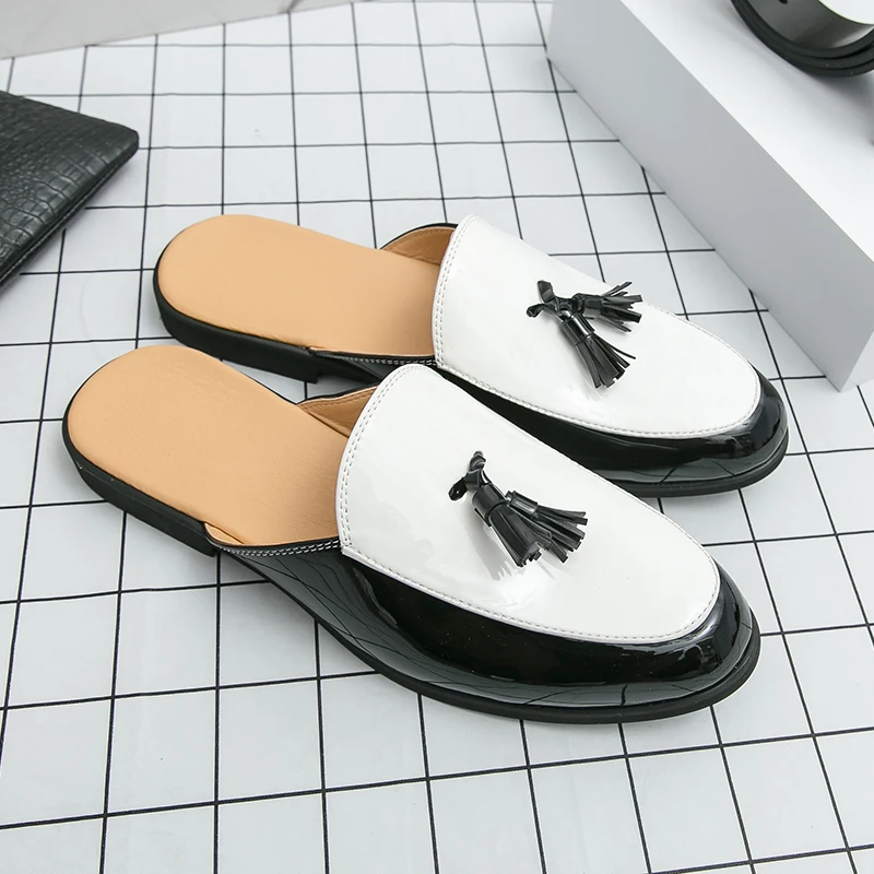 Large Size Mules Half Shoes For Men Leather Backless Casual Shoes 2025 Tassel Loafers Slippers Fashion Open-back Slides Sandals