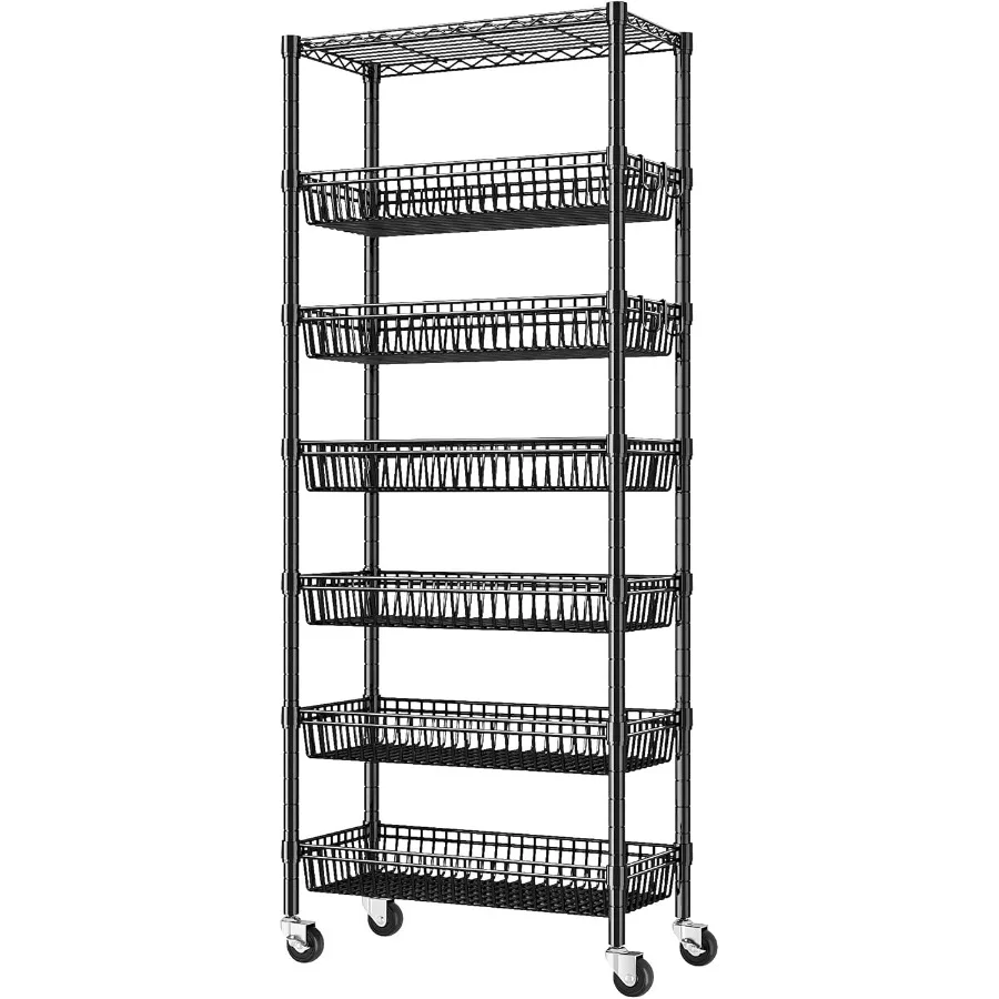 

Черные регулируемые проволочные стеллажи высотой 72 дюйма с колесами и крючками для кухни, ванной комнаты, кладовой, шкафа, прачечной, организация, 7-уровневый S