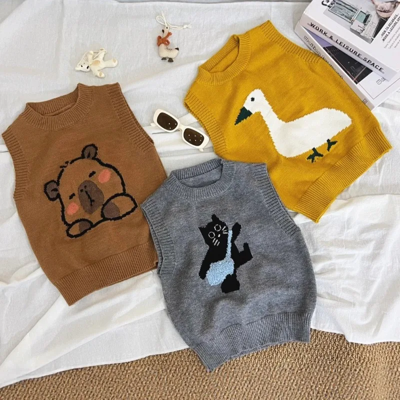 Vests New Spring Autumn Winter Childrens Sweater Vest Korean Style Cute Cartoon Boys Girls Cute Waist Trendy 2025