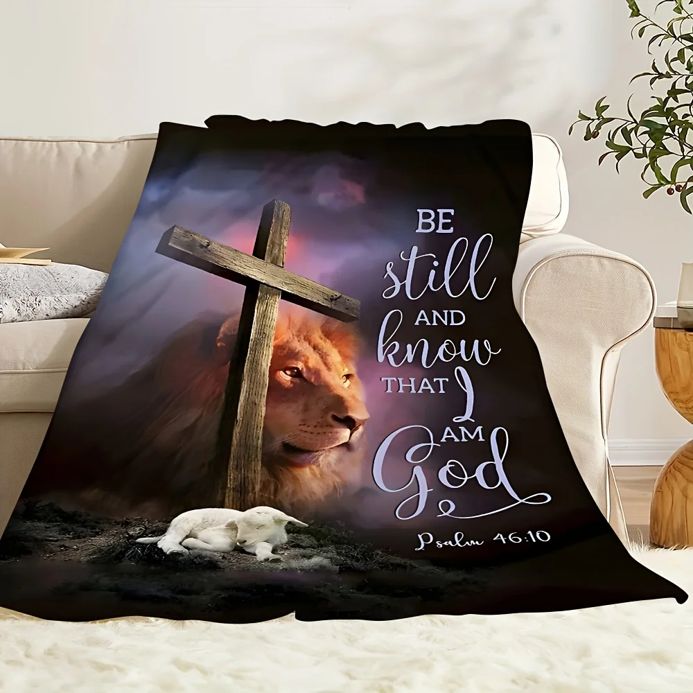 Christian Flannel Throw Blanket with Cross and Lamb, Soft Warm Inspirational Blanket for Sofa Bed, Cozy Gift for Home Decor