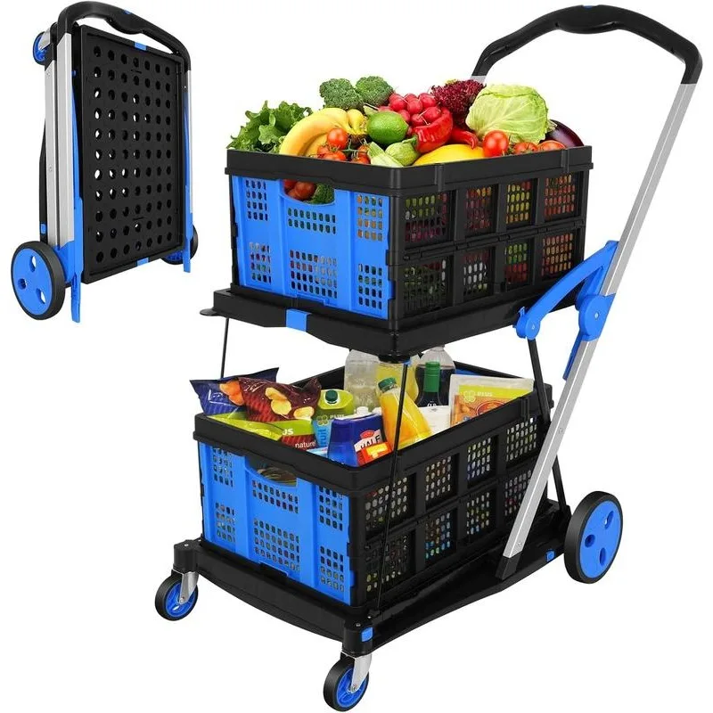 Rengue Multifunctional Folding Cart with Wheels,Two Layers Collapsible Utility Cart Double Layer Foldable Shopping Cart