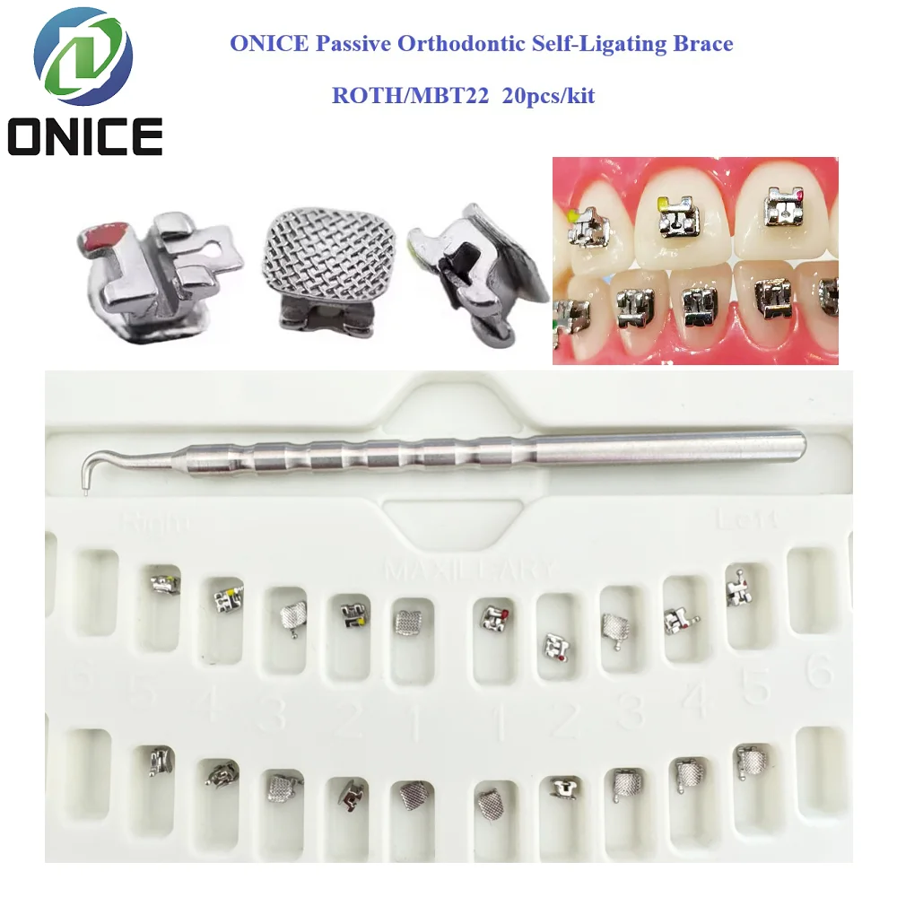 ONICE Metal Passive Self-Ligating  Brackets ROTH/MBT Slot 22 Dental Orthodontic Self-Ligating Braces Brackets Passive Mesh Base