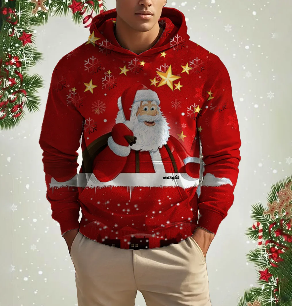 

3D Santa Claus Print Men's Hoodies Autumn Winter Casual Christmas Elk Sweatshirts Fashion Loose Hooded Pullover X'mas Clothing