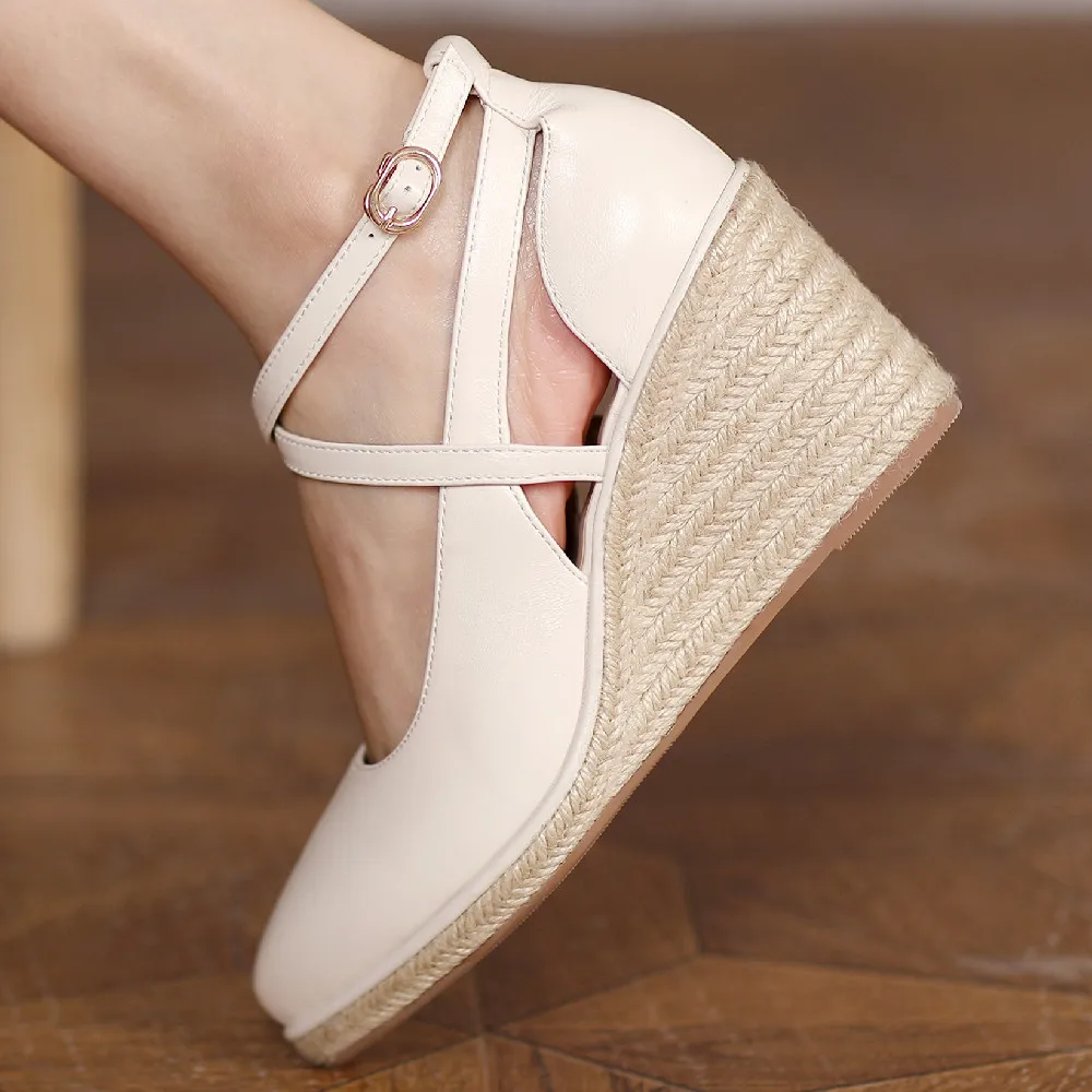 

Women's genuine leather hemp wedge pointed toe slip-on pumps narrow band cross strap comfortable leisure daily high heels shoes
