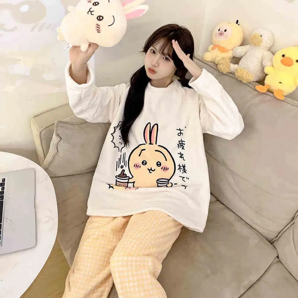 أنيمي كورومي بلدي ميلودي أفخم بيجامة مجموعة الكرتون Usagi المرجان المخملية النساء ملابس خاصة لطيف الشتاء الدافئ Homewear الفتيات بلايز السراويل