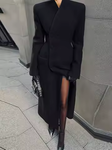 Elegant Solid Woolen Women's Long Coat Fashion High Neck Wide Shoulder Long Sleeve Jacket Autumn Winter Lady Outerwaer Street