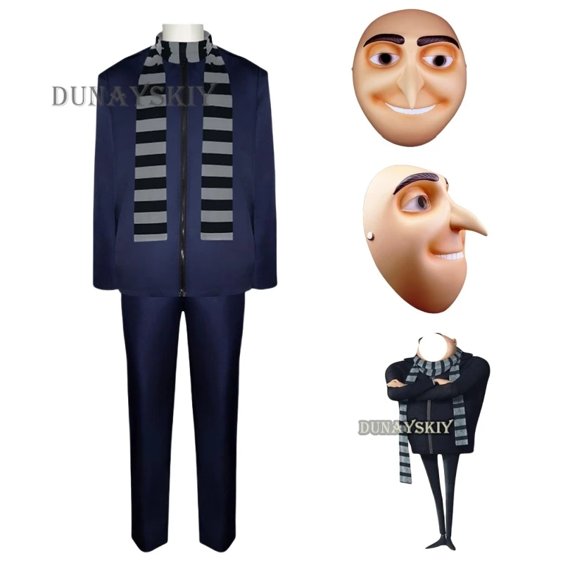 Movie Gru Cosplay Costume Coat Pants Scarf for Men Male Disguise Dress-Up Party Fantasy Outfits Halloween Carnival Roleplay Suit