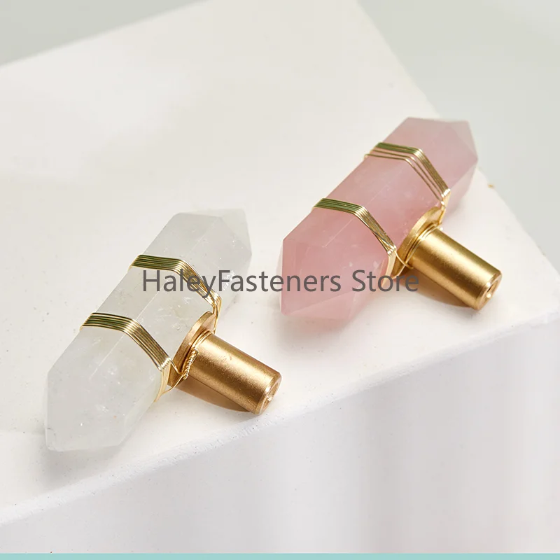 Natrual Pink Powder Crystal Handles with Brass Wire Binding Luxury Rose Quartz Amethyst Furniture Drawer Cabinet Handles Knobs