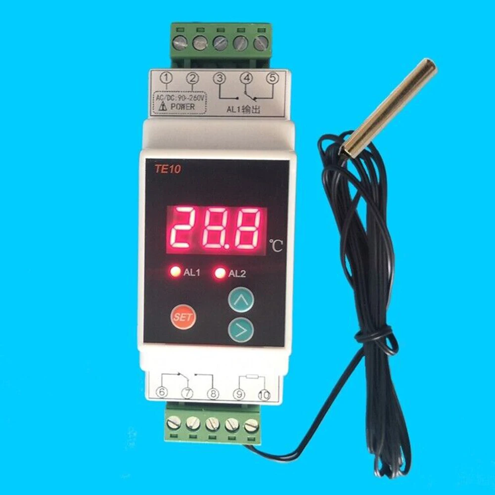 Termostato de riel Din de 1 piezas, controlador de alarma de temperatura de salida de 2 vías, CA de 90-260V, longitud de 110 m, termostatos de CA de 40-260 ℃, CA de 90-1,5 V