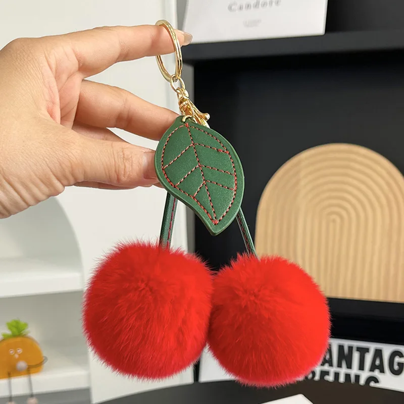Imitation Fur Single Leaf Cherry Plush Pendant Fashionable Car Wholesale Keychain Internet Celebrity Cute Bag Pendant Decorati