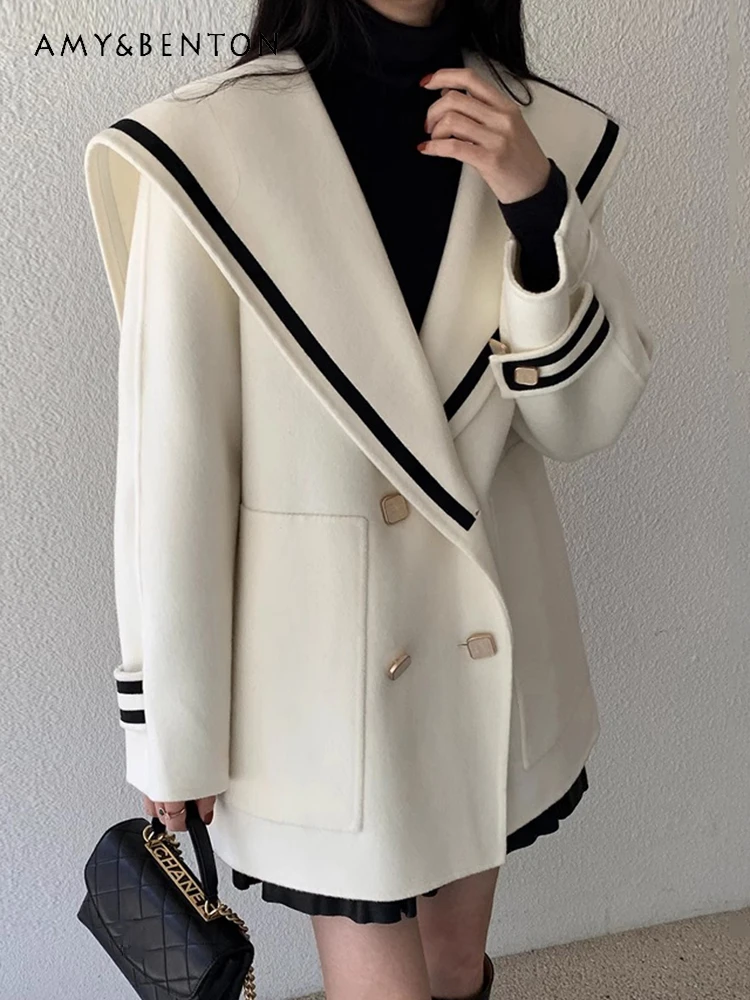 

2025 Autumn Winter French Retro Navy Collar Double-Breasted Loose Casual Off-White Black Mid-Length Woolen Coat