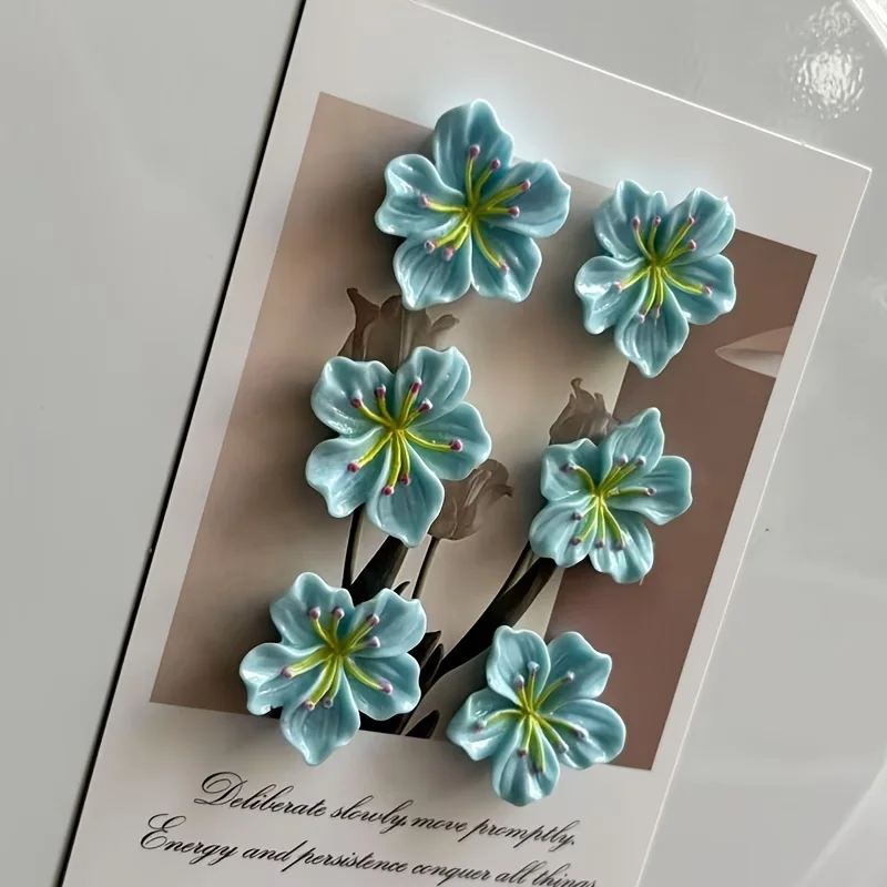 6 Blue Cute Flower-Decorated Magnetic Stickers for Three-Dimensional Home Message Boards, Pink Peach Blossom Fridge Magnets