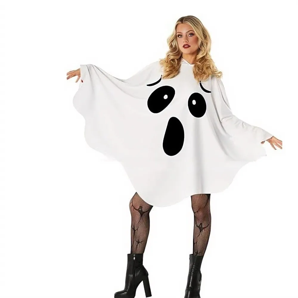 Mantello bianco di Halloween Mantello Abiti da susto Occhio nero Fantasma Poncho Abito con cappello Abito completo Fantasma Costume cosplay Abbigliamento da festa