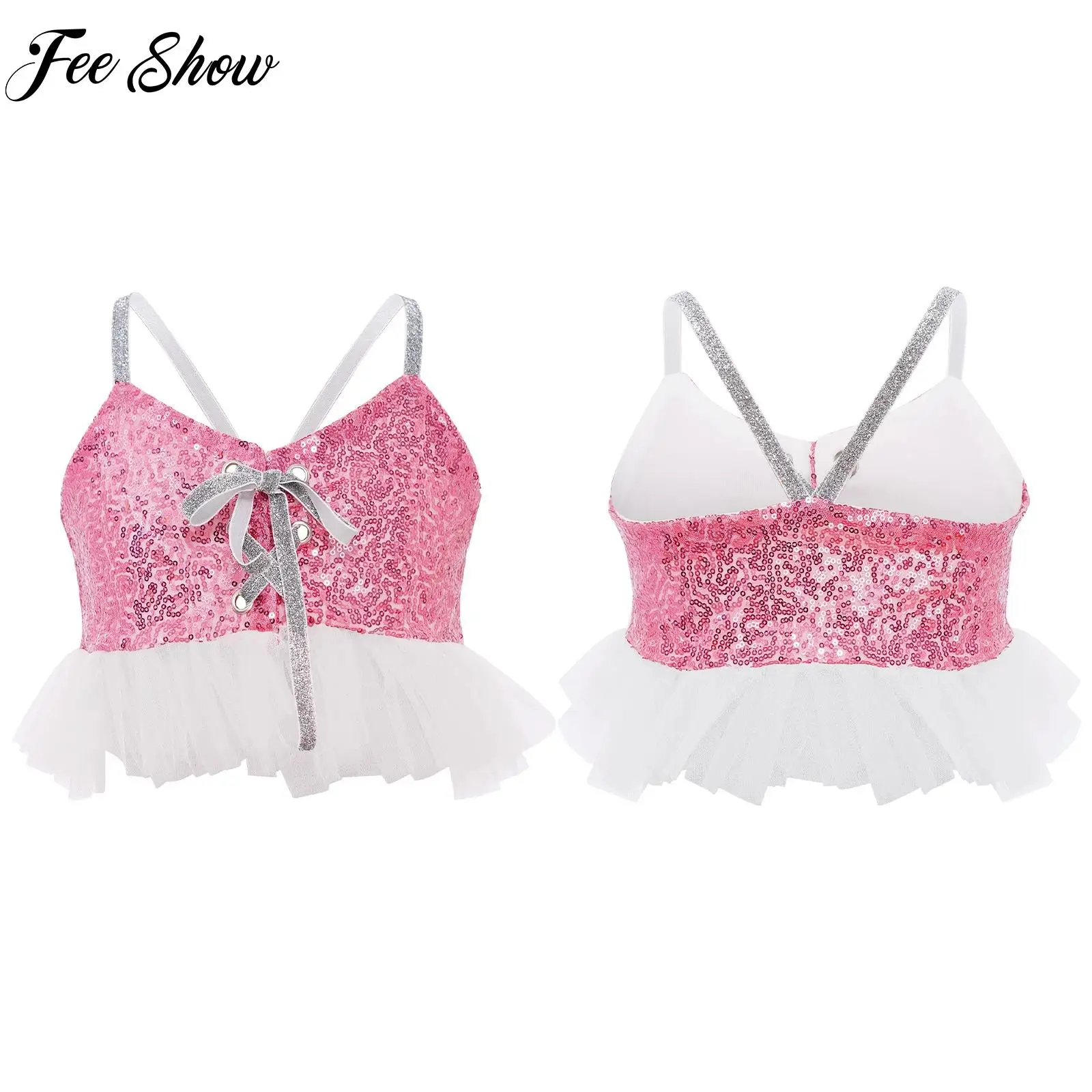 

New Style Kids Girls Tulle Ruffles Glittery Sequins Camisole Spaghetti Straps Crop Top Modern Jazz Hip-hop Dancing Costumes