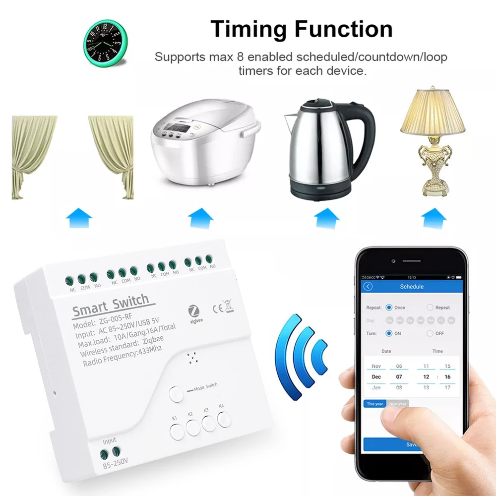 Tuya Zigbee Smart Light Switch Tech, 4CH, AC 85-250V, RF433, Recevoir des relais 10A, Fonctionne avec Alexa Assistant, Tuya Smart Life
