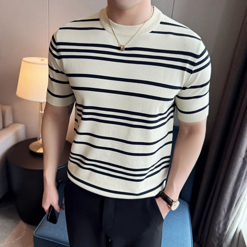 

2024 винтажная Мужская футболка в полоску с круглым вырезом, Молодежный модный Повседневный свитер стрейч, дышащая ткань
