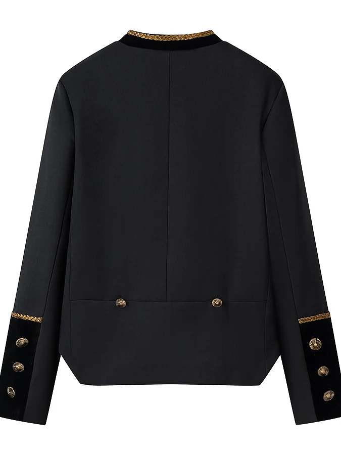 Fashionable Short Black Jacket with Golden Weave Belt Metal Decoration Stand Collar Slimming Effect Women's Autumn Wear