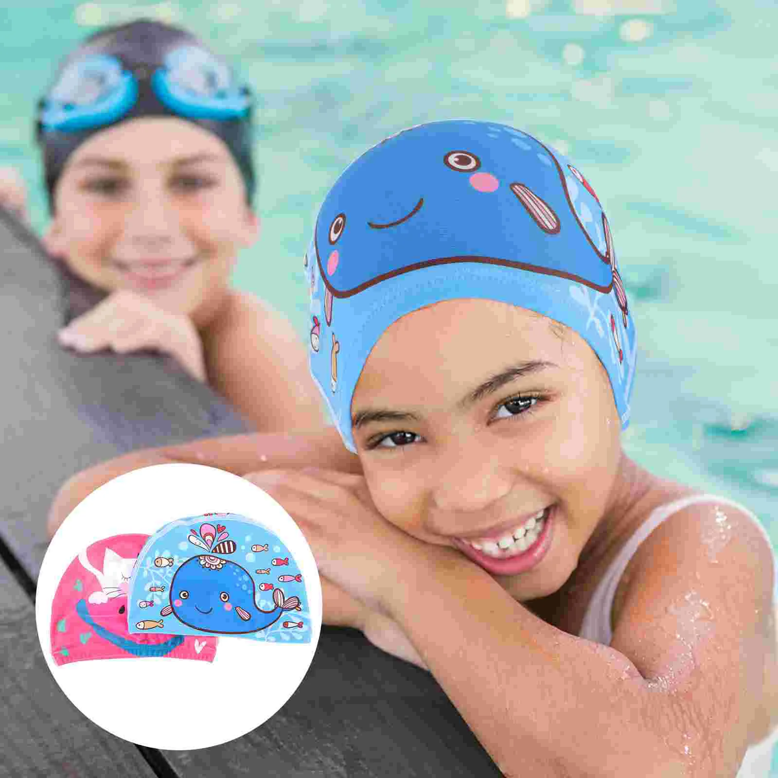 

2 Pcs Tab Children's Swimming Cap Girl Toddler Shower Caps for Kids 2100X1500X010CM Polyester Animal Bathing Cartoon