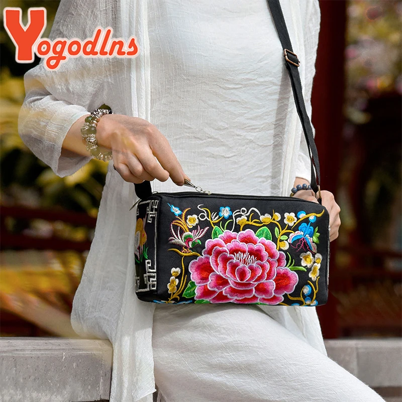 Yogodlns Retro Women Shoulder Bag Multi Floral Embroidery Bohemia Ethnic Retro Coin Purse Handbags Canvas Small Messenger Bag