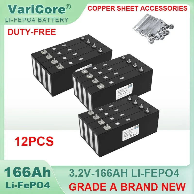 12pcs VariCore 3.2V 166Ah LiFePO4 Rechargeable battery DIY 12v Golf Cart Motorcycle Electric Car Travel Solar Grade A Batteries