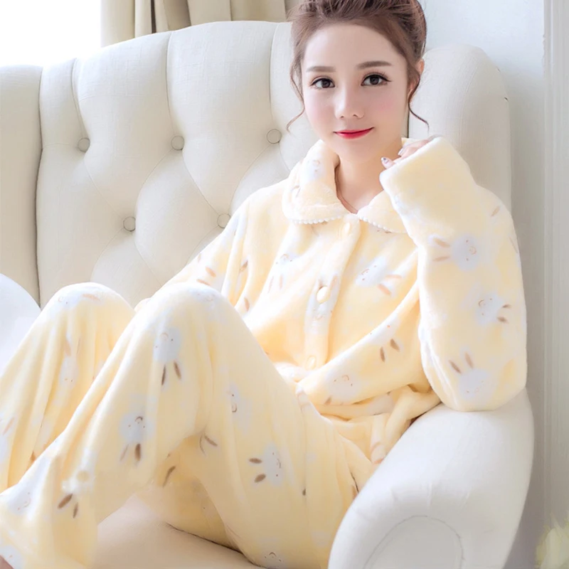 Autumn Winter Flannel Women\'s Pajamas Sets Cartoon Printed Sleepwear Warm Velvet Homewear Set Kawaii Girl Pijamas Mujer Pyjamas