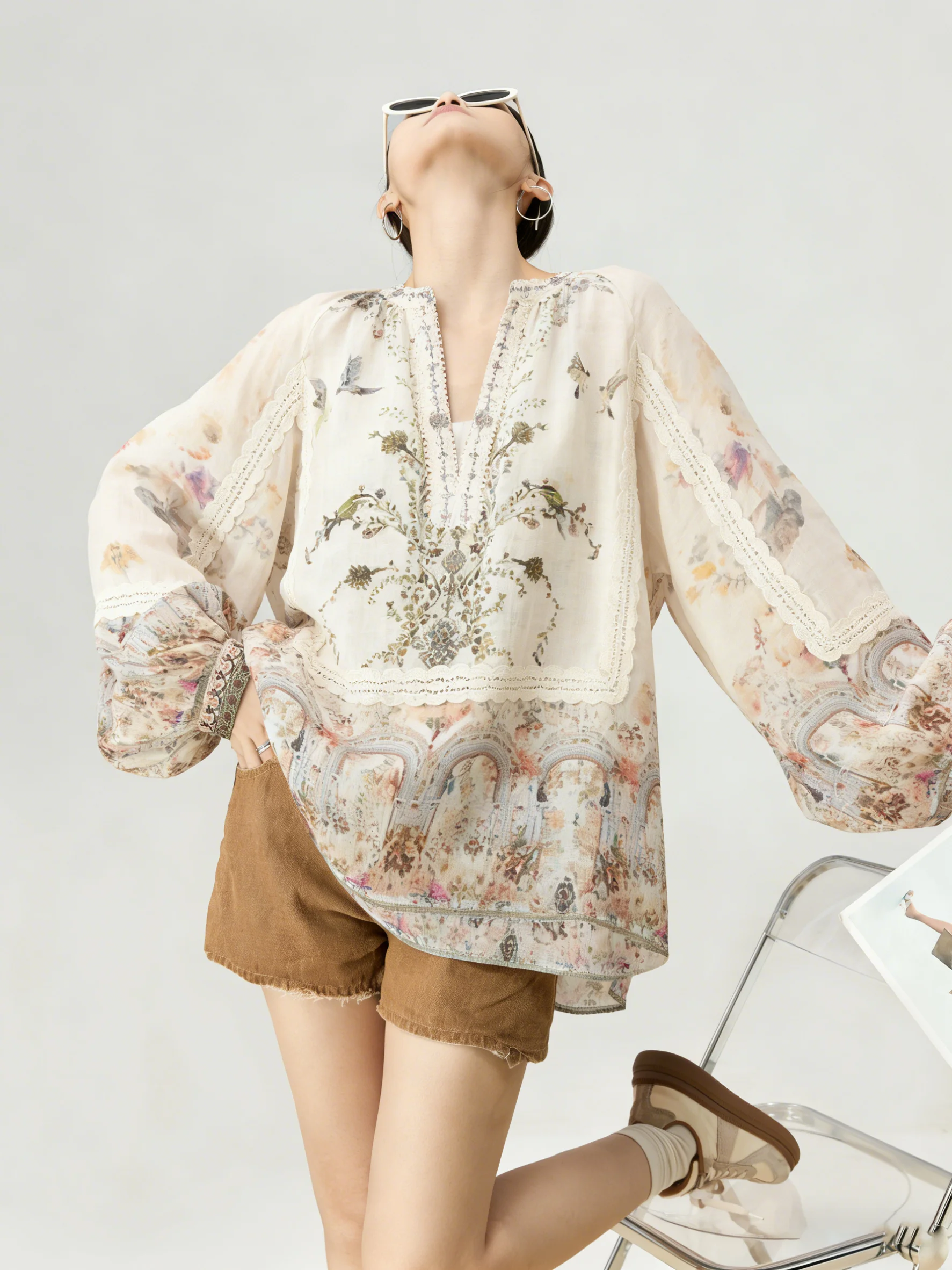 

Женская модная блузка в стиле ретро с принтом, круглым вырезом и рукавами-фонариками, для раннего лета, повседневная, свободного кроя, из смесового полиэстера