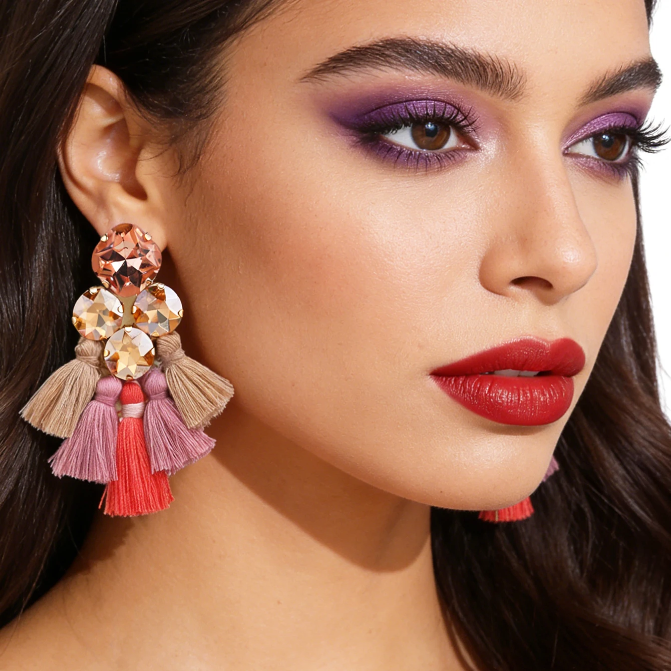 Exaggerated Bohemian Handmade Tassel Earrings with Glass Cotton fringe mixed hues Wedding Earrings for women jewelry gift