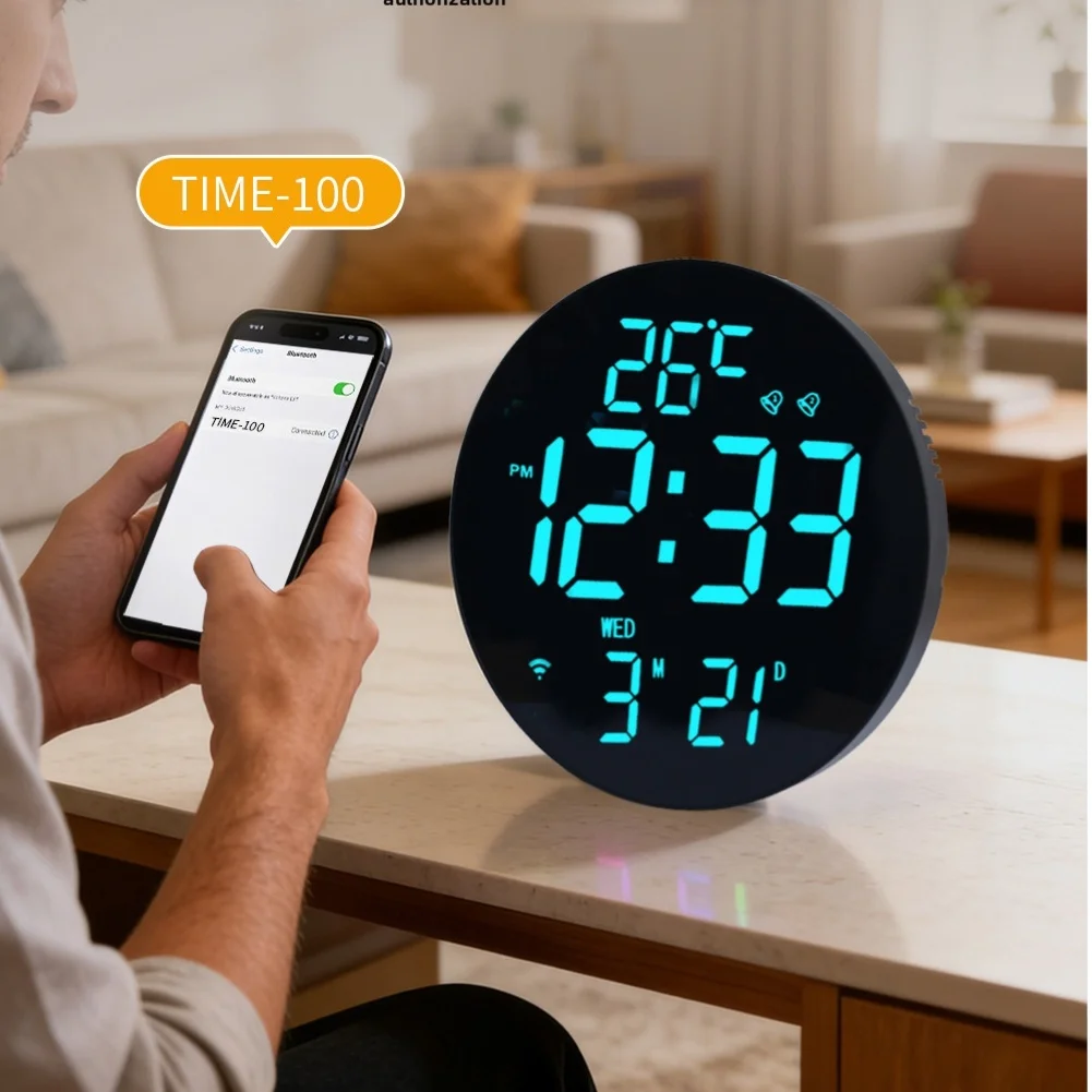 Wireless Synchronization Smart RGB Wall Clock with Light Sensor For Perpetual Calendar and Count Up Timer Function