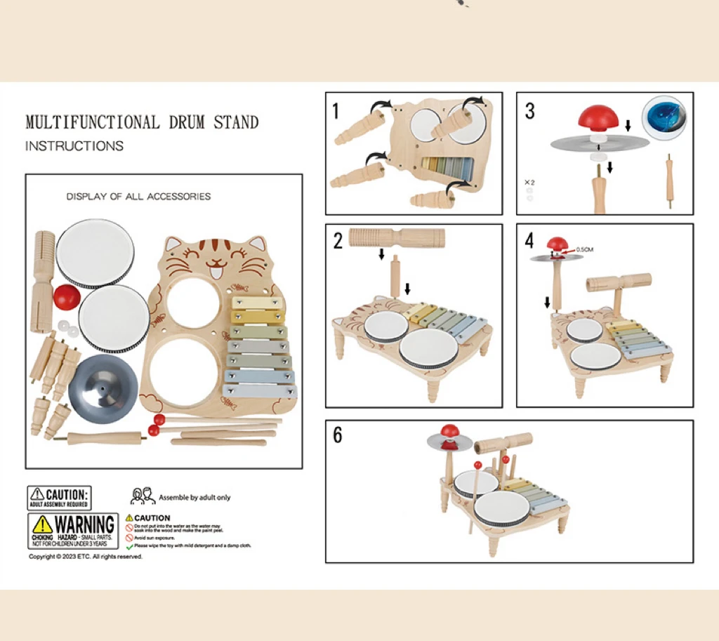 Juego de batería de juguete para niños con temática de gatito de madera, con llaves y baquetas multicolores, adecuado para mayores de 3 años, 1 ud.