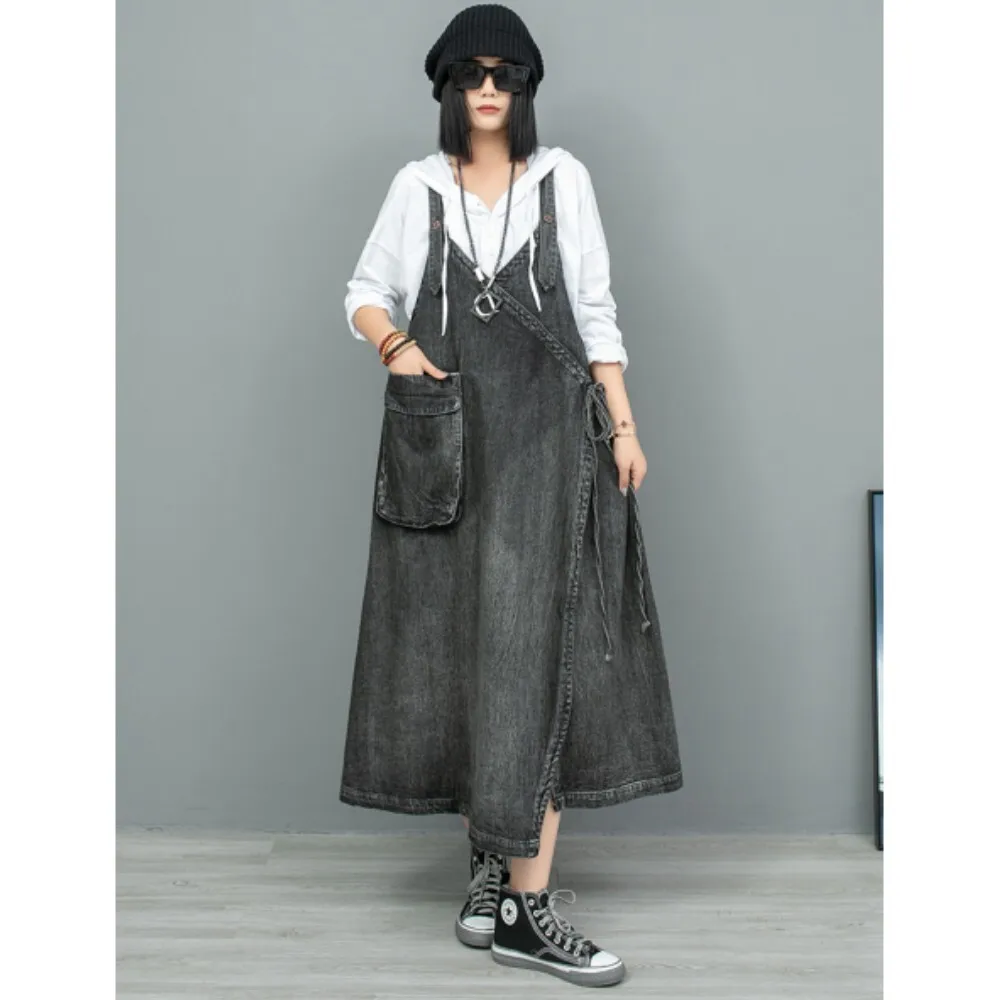 Vintage Irregular Splicing Denim Suspender Skirt 2024 Autumn High Waist Dress Women LX2080