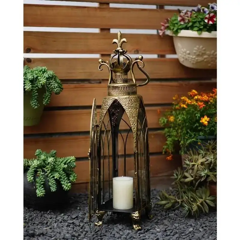 Moroccan Hollow Out Iron Candlestick Retro Garden Wind Lamp Courtyard Floor Ornaments Decorative Lantern Elegant Candle Holder