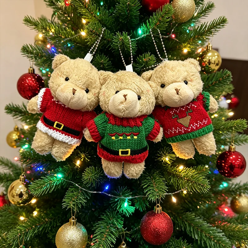 10pcs Plush Bear Toy Pendant Mini Christmas Sweater Bear Doll Keychain Pendant Xmas Tree Plush Pendant Room Decoration Girl Gift